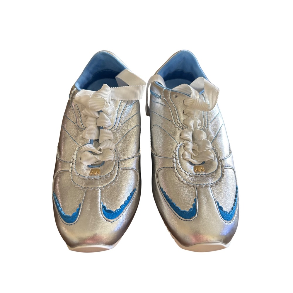 Birdies The Speedbird Metallic Silver Leather Blue Trim Ribbon Lace Sneakers 6